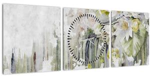 Obraz - Bílé květy, vintage (s hodinami) (90x30 cm)