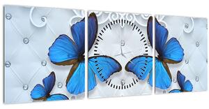 Obraz - Modří motýli (s hodinami) (90x30 cm)