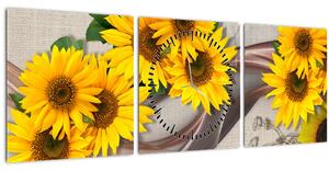 Obraz - Zářící květy slunečnic (s hodinami) (90x30 cm)