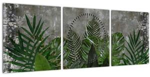 Obraz - Betonová zeď s rostlinami (s hodinami) (90x30 cm)