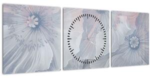 Obraz - Modré květy na zdi (s hodinami) (90x30 cm)