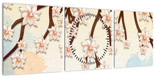 Obraz - Květy na větvích, barevné (s hodinami) (90x30 cm)