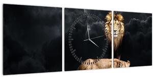 Obraz - Lev a lvice v oblacích (s hodinami) (90x30 cm)