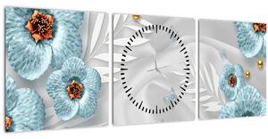 Obraz - 3D modré květy (s hodinami) (90x30 cm)