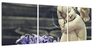 Obraz andílka s květinou (s hodinami) (90x30 cm)