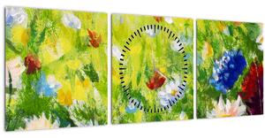 Obraz rozkvetlé louky, olejomalba (s hodinami) (90x30 cm)