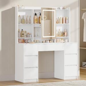 Toaletní stolek s osvětlením – bílý – 7 zásuvek – dřevěná deska – moderní, minimalistický design