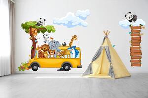 Nálepka na zeď pro děti veselé safari zvířátka v autobuse 60 x 120 cm