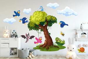 Nálepka na zeď pro děti strom a veselé ptáčci 60 x 120 cm
