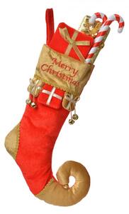 Vánoční červeno-zlatá dekorace skřítkovská bota s dárky Merry Christmas – 30x1x40 cm