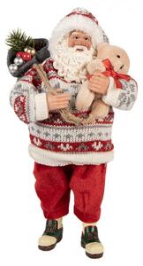 Vánoční figurka Santa Claus v norském svetru s nůší ozdob a medvídkem – 13x10x28 cm