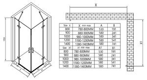Rohový sprchový kout se dvěma výklopnými dveřmi na pevném panelu NT407 - 8 mm čiré sklo Nano - možnost volby šířky