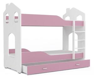 Dětská patrová postel PATRIK 2 Domek + matrace + rošt ZDARMA, 160x80, bílá/růžová