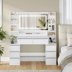 Toaletní stolek – bílý a stříbrný – 145x135 cm – se zrcadlem – 8 zásuvek – minimalistický design