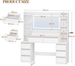 Toaletní stolek – bílý a stříbrný – 145x135 cm – se zrcadlem – 8 zásuvek – minimalistický design
