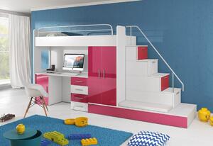 Dětská patrová postel RAJ V COLOR, 80x200, univerzální orientace, bílá/růžová lesk