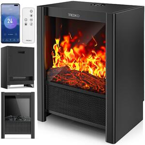 Moderní elektrický krb s otevřeným designem, samostatně stojící - 2000W, černý kovový rám s LED plamenem a inteligentním ovládáním