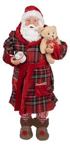 Červená vánoční dekorace Santa Claus v županu držící medvěda a hrnek s čokoládou – 50 cm
