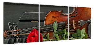 Obraz housle a růže na klavíru (90x30cm)