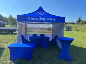 TENTino SET - Nůžkový párty stan 3x3 m s jednostranným potiskem Typ konstrukce: STEEL HEXAGON, Potisk: střecha + 3x bočnice + 1x polobočnice, Gramáž polyesteru: 230 g/m2