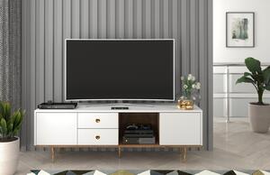 Bílý TV stolek Skandica Harmoni se zlatou podnoží 160 x 45 cm