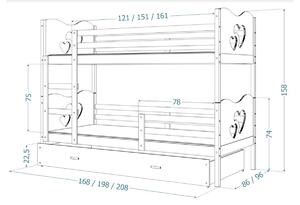 Dětská patrová postel FOX MASIV 2 + rošt + matrace ZDARMA, 190x80, olše/bílý - srdíčka