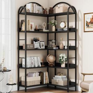 Rohová knihovna – extra vysoká – 5 polic – průmyslový design, kov a MDF – tvar L – černá barva