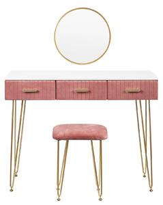 Elegantní toaletní stolek se zrcadlem a stoličkou - Moderní komoda - Bílá / Růžová - 3 zásuvky - 100 x 40 x 77 cm