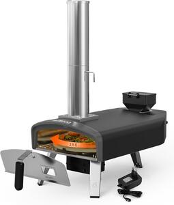 Pizza pec na dřevní pelety s automatickým otočným systémem, přenosná pizza pec s 33cm kamennou deskou, venkovní pizza pec pro pikniky, oslavy a kempování, černá barva