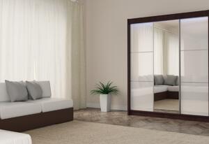 Skříň s posuvnými dveřmi a zrcadlem BIBIANA, wenge/bílé sklo, 180x216x61