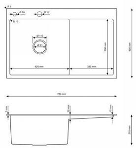 Erga HD, 1-komorový ocelový dřez 780x490x210 mm, levý, zlatá, ERG-MLS-HD7849LG
