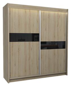 Skříň s posuvnými dveřmi ADRIANA + Tichý dojezd, 200x216x61, sonoma/černé sklo