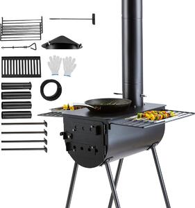 Přenosný dřevěný sporák – stanová pec na táboření, gril, venkovní použití s potrubím – 59 x 79 x 262 cm