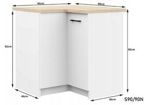 Kuchyňská skříňka dolní rohová s pracovní deskou KOSTA S90/90N, 90/90x85,5x60, bílá/sonoma