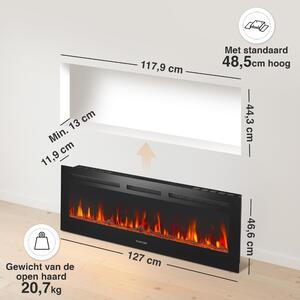 Elektrické krbové topidlo, 50 palců - 1800 wattů - Černý kovový plast - 3D efekt plamene, dekorativní krb