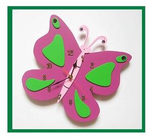 Dětské dřevěné hodiny Motýl - tmavě růžová běžný mechanismus