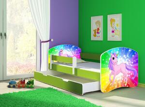 Dětská postel - Poník jednorožec duha 2 140x70 cm + šuplík zelená