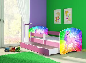 Dětská postel - Poník jednorožec duha 2 140x70 cm + šuplík růžová