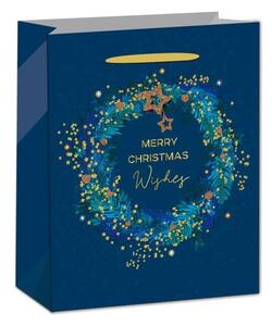 Vánoční papírová dárková taška s nápisem Merry Christmas modrá 18x23x10cm
