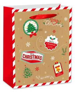 Vánoční papírová dárková taška hnědo červená 26x32x12cm