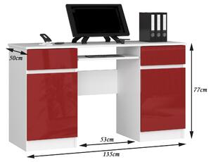 Moderní psací stůl ANNA135, bílý / červený lesk