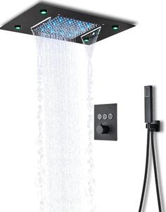 Sprchový panel s LED osvětlením a termostatem – montáž do stropu, vodopádový efekt a dálkové ovládání – matná černá barva