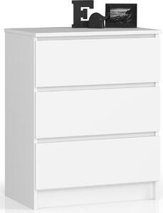 Komoda se temi zásuvkami, výka 77 cm a íka 60 cm, obývací pokoj, lonice, pedsí, skí, píborník, vysoká deska, spousta úloného prostoru, bílá barva