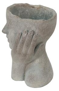 Šedý cementový květináč hlava ženy v dlaních L – 16x16x22 cm