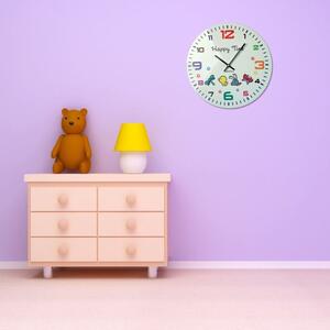 Dětské nástěnné hodiny v bílé barvě se zvířátky a barevným ciferníkem