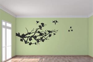Samolepka na zeď pro interiér větve stromu a létající ptáci 80 x 160 cm