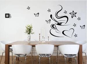 Kuchyňská samolepka na zeď šálek kávy se srdcem a motýly 50 x 100 cm