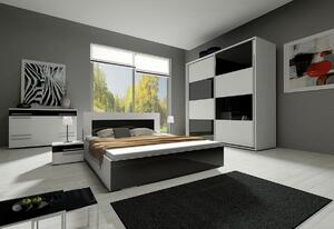 Ložnicová sestava KAYLA II (2x noční stolek, komoda, skříň 200, postel 140x200), bílá/černá lesk