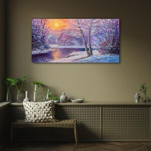 Obraz na skle Obraz na skle Zimní Les Les River Sunset