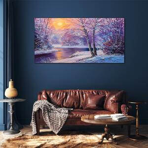Obraz na skle Obraz na skle Zimní Les Les River Sunset